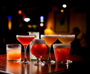 collection of colorful cocktails and drinks with pub on warm light blur background