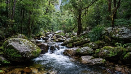 Obraz premium Lush rainforest creek flowing over rocks