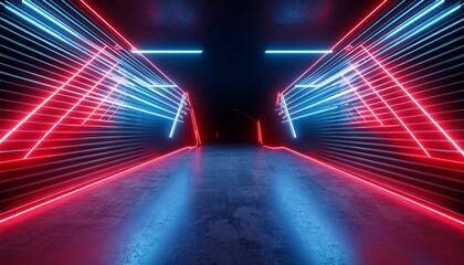 futuristic sci fi cyber modern neon laser blue red beams lights metal stripe glossy barn garage parking studio showroom tunnel corridor underground concrete warehouse room 3d rendering