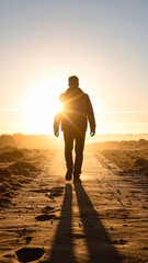 A silhouette of a man walking towards the sun on a sandy path at sunrise