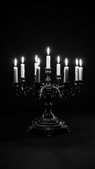 Monochrome elegance: Illuminated candles atop a vintage candelabra in darkness