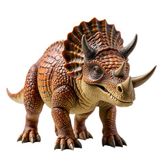Obraz premium Brown Triceratops, realistic illustration, horns, frill, on isolated black background