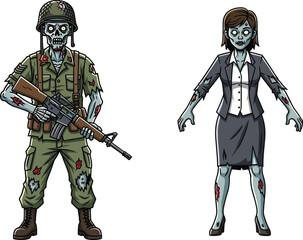 Creepy cartoon zombie soldier with rifle and scary undead businesswoman illustration, horror monster artwork, spooky Halloween design, walking dead evil characters