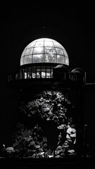 Fototapeta premium Monochrome nightscape of illuminated dome structure and underwater coral display