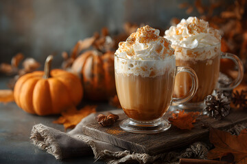 Glasses with tasty pumpkin spice latte on wooden table. Space for text