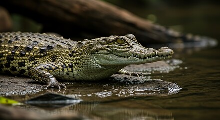 Obraz premium Crocodile resting near water edge detailed close up shot nature wildlife scene