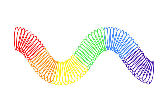 Rainbow colored flexible spring in wavy shape isolated on white background. Children slinky toy popular in the 90s. Plastic multicolored elastic spiral. Vector flat illustration.