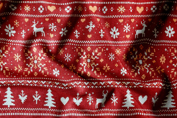 Seamless red Christmas fabric pattern with knitted texture, pixel-style festive design for holiday backgrounds, textiles. Cozy and traditional Christmas background evokes warmth and winter charm.