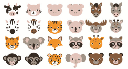 Naklejka premium A delightful set of various cute cartoon animal head illustrations, perfect for children's designs, featuring a charming flat vector art style.