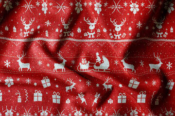 Seamless red Christmas fabric pattern with knitted texture, pixel-style festive design for holiday backgrounds, textiles. Cozy and traditional Christmas background evokes warmth and winter charm.