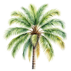 Watercolor image of a detailed palm tree with green fronds and textured trunk