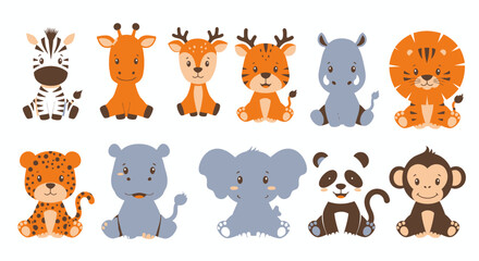 A delightful collection of adorable cartoon baby safari and jungle animals, including a panda, zebra, and lion, presented as isolated vector illustrations.