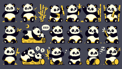 Adorable cartoon panda collection featuring various playful poses and activities, perfect for children's designs and nature-themed illustrations.