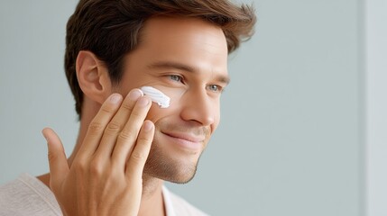 Happy young man applying skincare cream on his face