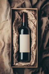 A neatly arranged gift boxcontains a bottle of wine estled in crumpled paper, djacent to a blank card fo personal messages, ideal or celebrations or thoughtul gestures.