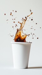 A splash of dark coffee ino a plain white disposablecup