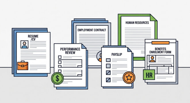 Illustration of various human resources documents including resume employment contract and payslip forms