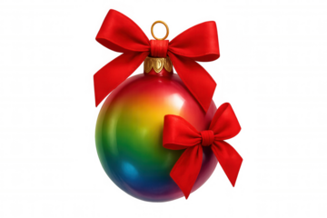 Christmas ornament displaying rainbow colors and red bows, celebrating holiday cheer and festive decoration