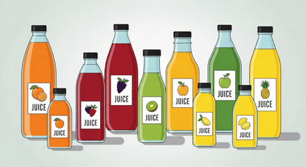 Assorted fruit juice bottles with different flavors and sizes arranged on a surface in a row display