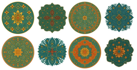 Collection of intricate mandala floral patterns in round and geometric shapes with teal, gold, orange, and green color palette