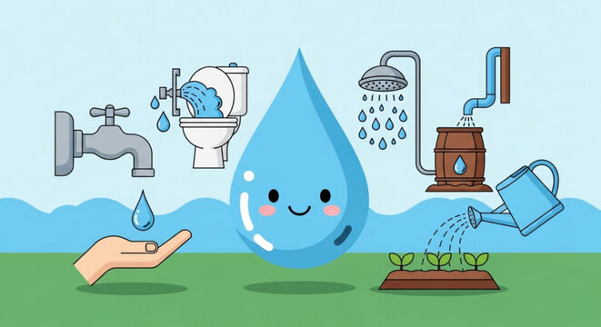Illustration showing water usage with a large water drop character and various water applications around