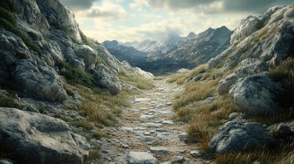 A rocky mountain path with a few rocks on the side