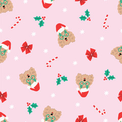Cute Christmas dog pattern with Santa's hat, red bow ribbon, candy cane , holly and stars. Vector seamless repeat illustration. Festive holiday art for wrapping paper, fashion, nightwear winter.