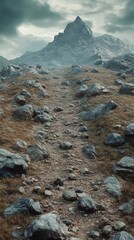 A mountain with a path of rocks leading to it