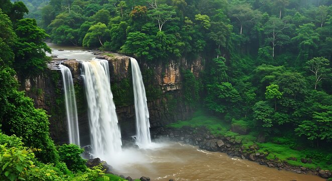 Scenic waterfall cascading over rocky cliffs surrounded by lush green forest