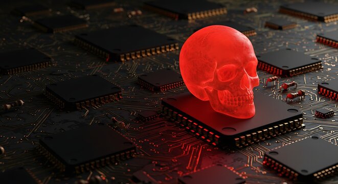 Red skull on computer chip concept of cyber security breach and threats - Powered by Adobe