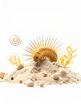 Intriguing bristle worm specimen crawling on sand, detailed studio photograph