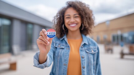 Smiling woman holds 'I Voted' sticker proudly outdoors.