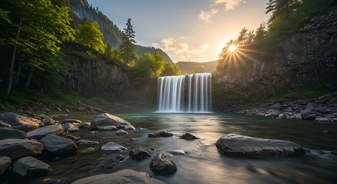 Scenic waterfall flowing into a tranquil river surrounded by lush forest and sunlight