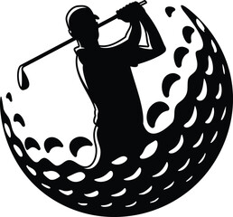 Silhouette of golf player on a stylized golf ball background.