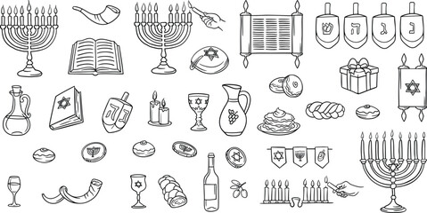 Hanukkah hand drawn doodle design elements isolated on white background.