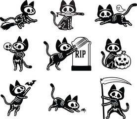 Spooky and Cute Halloween Skeleton Cats.