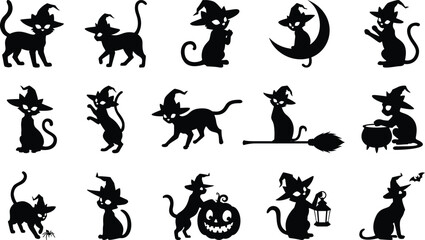 Halloween Cats in Witch Hats Collection. Vector illustration.