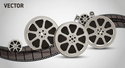 Illustration showing several film reels of varying sizes and a strip of film on a light gradient background