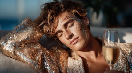 Young male with curly hair, glimmering makeup, enjoying a drink.