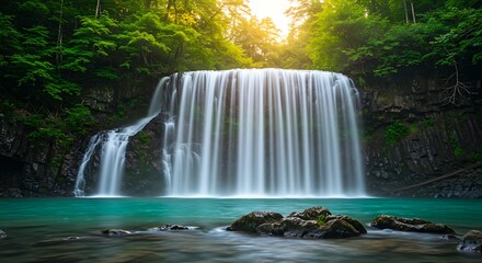 Scenic waterfall flowing into teal water with lush green surroundings