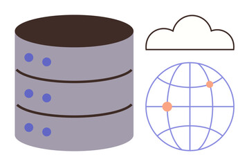 Data server, cloud silhouette, and world map with connection points emphasizing hosting, cloud services, and data networking. Ideal for technology, global communication, networking, innovation