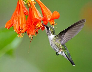 Hummingbird sips nectar from vibrant orange flower
