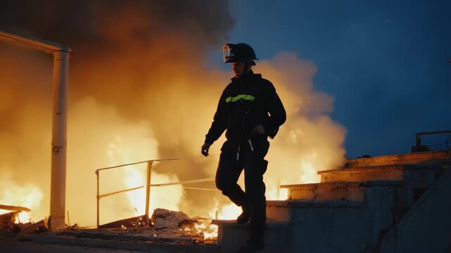 A firefighter stands on the rubble of a building, wearing full protective gear to ensure safety during the emergency response.