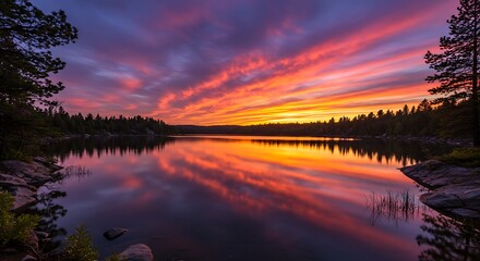 Dramatic sunset over lake with colorful sky and forest reflection