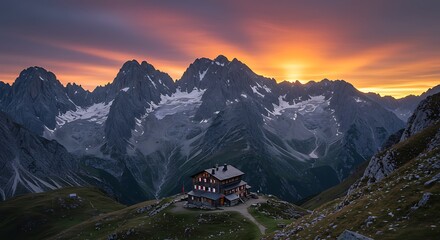 Dramatic sunset over mountain range with a cabin in a scenic landscape