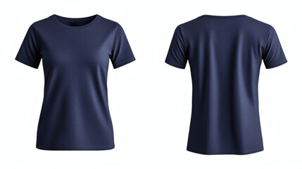 Plain blue navy round neck t-shirt 3D mockup showcasing front and back views for women's apparel design presentation on white background