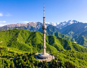 Obraz premium High-angle view of a tower amidst lush green hills and mountains under a clear blue sky