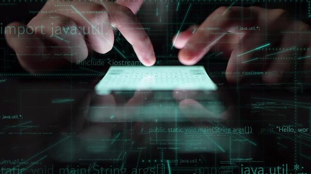 Close-up view of hands typing on a smartphone with a digital code overlay, illustrating modern programming concepts and technology in a sleek environment. Xenic