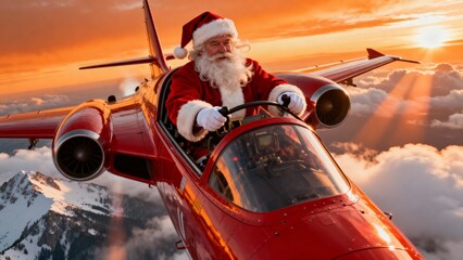 Santa Claus piloting a sleek, crimson-red supersonic jet with twin turbofan engines, soaring above a sea of fluffy white clouds at sunset. Christmas Tree, Merry Christmas, Christmas Background
