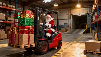 Santa Claus expertly maneuvering a red forklift loaded with towering stacks of vibrantly wrapped Christmas presents. Christmas Tree, Merry Christmas, Christmas Background, Christmas Lights